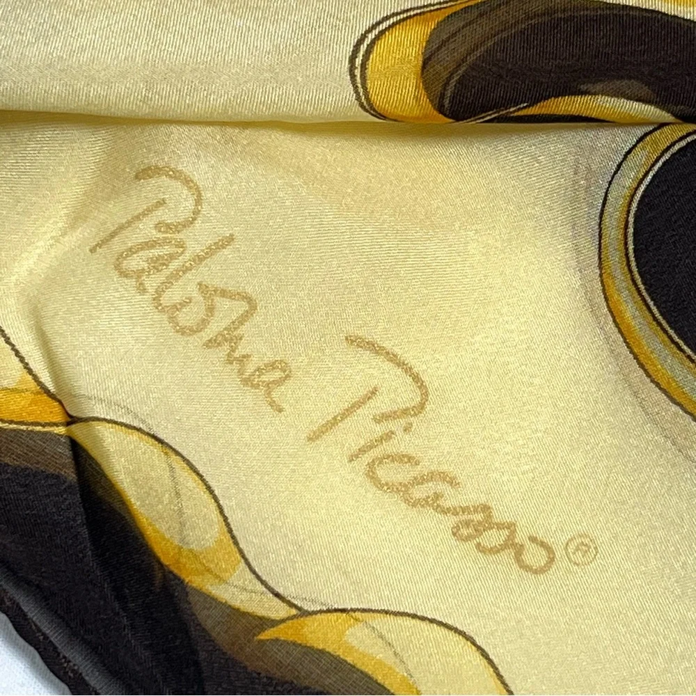 Paloma Picasso Vintage Made In Italy ”Hugs & Kisses” Silk Scarf Yellow & Brown